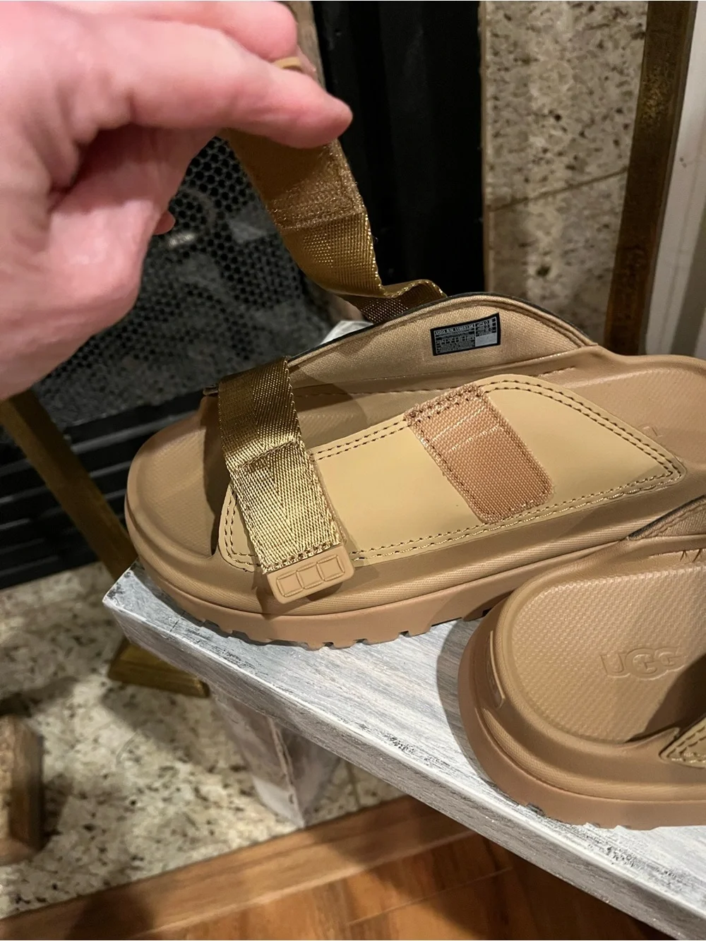 UGG Slide Sandals in Beige/Gold with adjustable straps